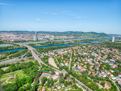 Aerial panorama drone view of Asparuhov bridge and Varna city, Bulgaria - (Bulgarian: Аспарухов мост, Варна, България). The picture was taken with DJI Phantom 4 Pro drone / quadcopter.