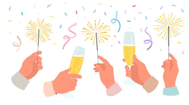 ilustrações, clipart, desenhos animados e ícones de mãos humanas segurando taças de champanhe e faíscas. pessoas felizes celebrando o feriado com confetes coloridos. - sparkler sparks new years eve human hand