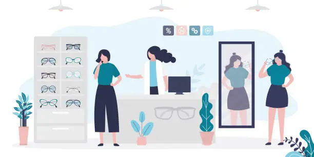 Vector illustration of Woman chooses sunglasses. Female consumer stands at mirror and fitting new eyeglass for purchase. Optometrist shelping client. Fashion optics store. Shopping, consumption concept.