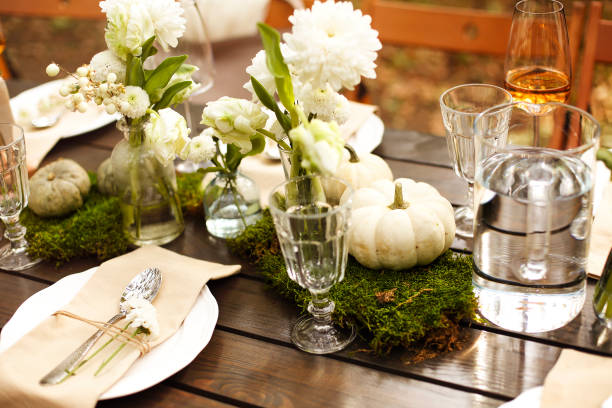 istock Close up photo of table setting in rustic style, romantic dinner 1439519609