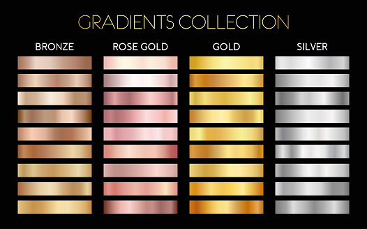 Set of gold, silver, bronze and rose gold foil texture backgrounds.  Vector illustration for frame, ribbon, banner, flyer, card, poster, coin and label. Gradients collection.