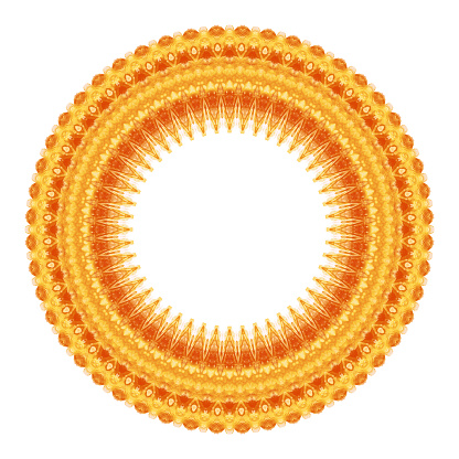 Isolated on white orange and yellow watercolor painted round kaleidoscopic frame. Fine abstract multicolor symmetric painting. Artistic multicolored watercolour drawn mandala ring.
