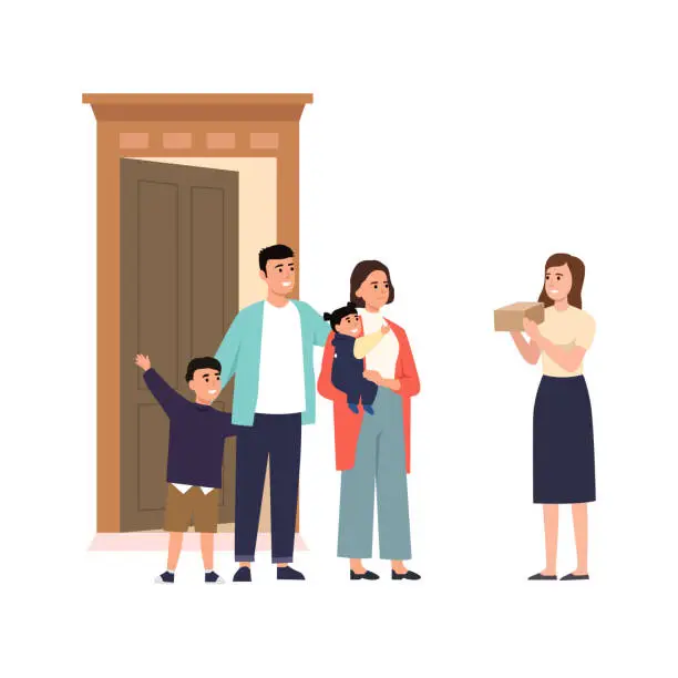 Vector illustration of Opening front door concept of landing page with family welcome neighbor at home together. Happy kids and dad meeting friend at house entrance giving gift. Cartoon flat vector illustration