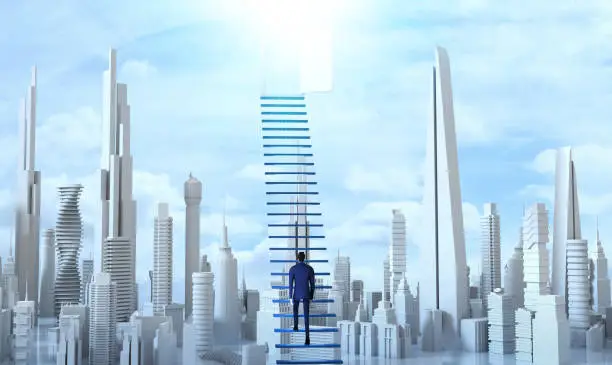 Photo of Successful businessman climbing up the stairs. Achieving goals, making career, professional growth, banking, investment advisory, making money concept. 3D rendering illustration.