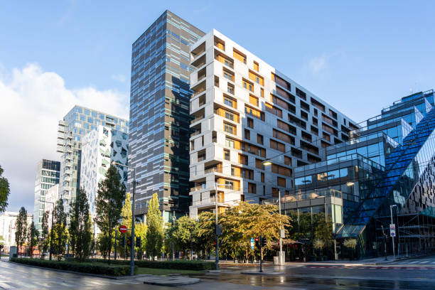 Oslo, Norway - October 15, 2022: The buildings at Barcode district in Oslo, Norway. Barcode district is a redevelopment on former dock and industrial land next to the Opera House.