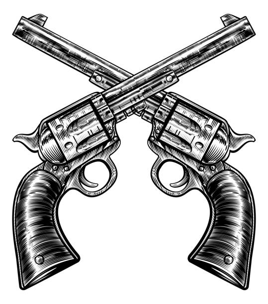 ilustraciones, imágenes clip art, dibujos animados e iconos de stock de revólveres de pistola cruzada estilo xilografía vintage - tattoo gun