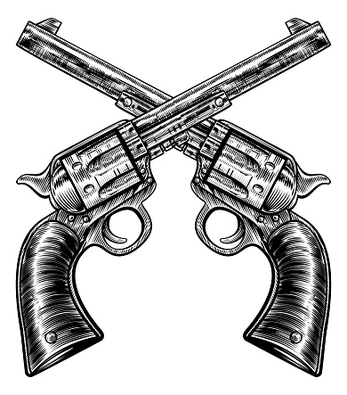 A pair of crossed gun revolver handgun six shooter pistols drawn in a vintage retro woodcut etched or engraved style