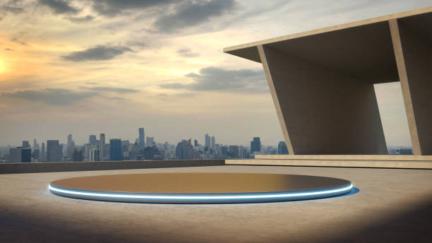 Space for products showcases on the deck with sunset sky. Space for products showcases on the deck with sunset sky.3D Rendering. empty dealership interior stock pictures, royalty-free photos & images