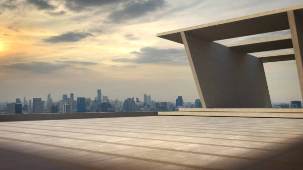 istock Space for products showcases on the deck with sunset sky. 1439529368