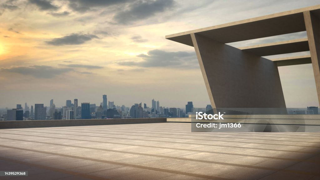 Space for products showcases on the deck with sunset sky. Space for products showcases on the deck with sunset sky.3D Rendering. Cityscape Stock Photo