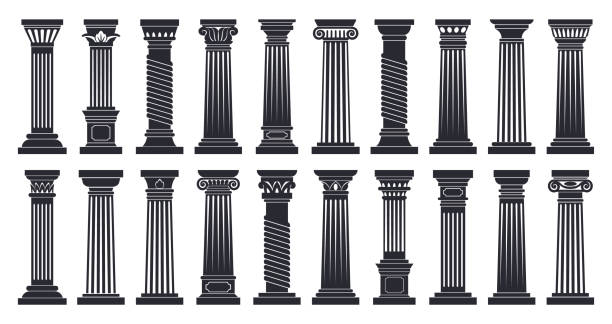 karikatur römische säulen, dorische und korinthische architektur ordnen silhouetten. griechische klassische säulen, schwarze antike tempelsäulen flacher vektorillustrationssatz. antike kolonnaden-silhouette - column stock-grafiken, -clipart, -cartoons und -symbole