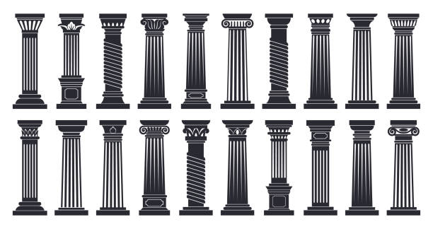 мультяшные римские колонны, дорическая и коринфская архитектура упорядочивают силуэты. греческие классические колонны, черные античные х� - ionic stock illustrations
