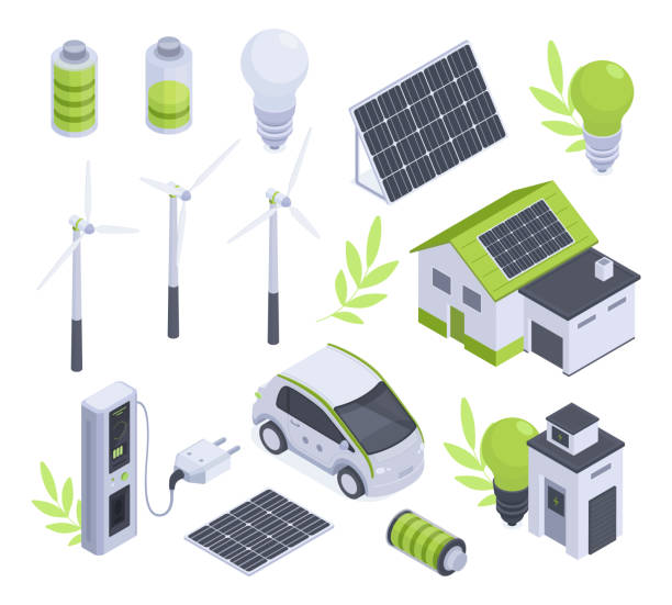 isometrische grüne energie, alternative 3d-energiequellen. sonnenkollektoren, elektroauto, windgenerator und windmühlen, solarbatterie-vektor-illustrationsset. sammlung erneuerbarer energieelemente - environmental conservation built structure solar power station building exterior stock-grafiken, -clipart, -cartoons und -symbole