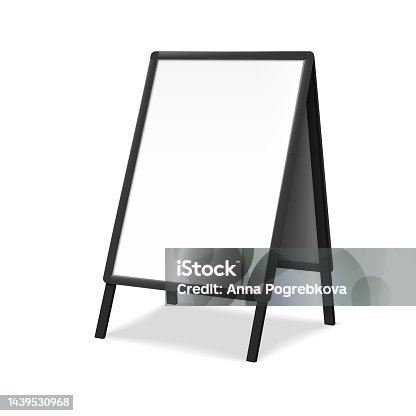 istock Sandwich white board realistic vector mock-up. Blank A-frame advertising display mockup. Outdoor sidewalk sign template for design 1439530968
