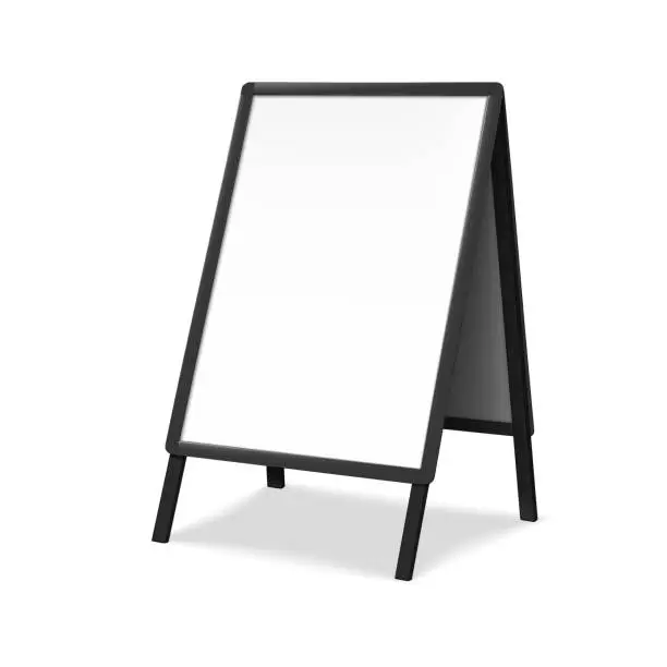 Vector illustration of Sandwich white board realistic vector mock-up. Blank A-frame advertising display mockup. Outdoor sidewalk sign template for design