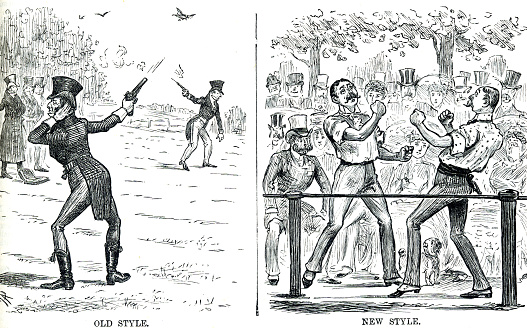 Two illustrations showing difference between settling differences. One as a gun fight duel and the new style in a boxing ring.