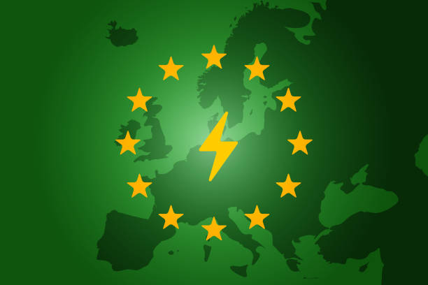녹색 유럽 연합 깃발과 지도 bakground에 전기 에너지의 상징. 벡터 일러스트 레이 션 배경 - europe european community star shape backgrounds stock illustrations