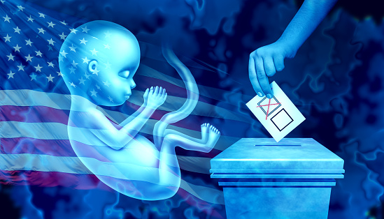 United States abortion issue  vote during American election with pro-life and pro-choice debate in the US elections as a fetus with the flag of USA at a voting booth with a voter casting a ballot with 3D illustration elements.