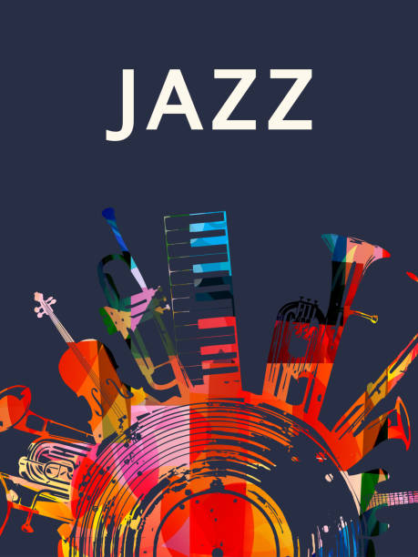 stockillustraties, clipart, cartoons en iconen met colorful musical instruments bundle with lp vinyl disc on dark background. vector illustration. instruments collection poster for concert events. jazz music festivals and shows banner. party flyer - lp jazz