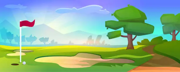 Vector illustration of Cartoon golf course on nature landscape with red flag and ball on grass