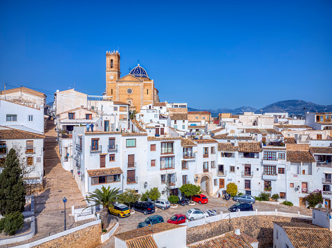 Touristic town of Altea in Alicante and church with Sierra de Bernia mountain in the south east of Spain.