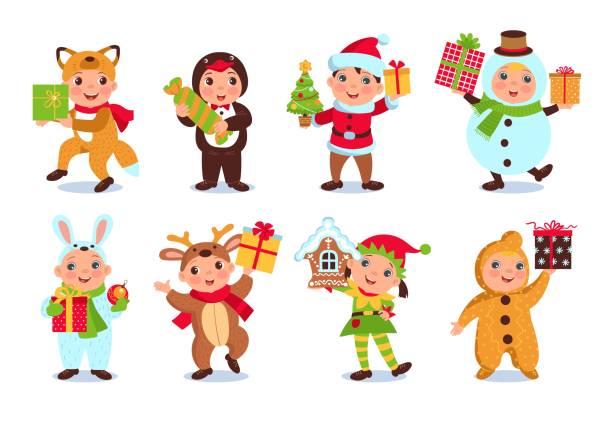 illustrazioni stock, clip art, cartoni animati e icone di tendenza di i bambini piccoli carini tengono i regali di natale. bambini divertenti in costumi natalizi con diversi souvenir di capodanno. elfo di babbo natale e abbigliamento animale. abiti festivi. splendido set vettoriale di natale - fairy penguin