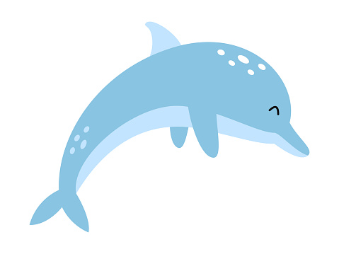 Vector cute blue dolphin. Sea animal in flat design. Jumping fanny dolphin.