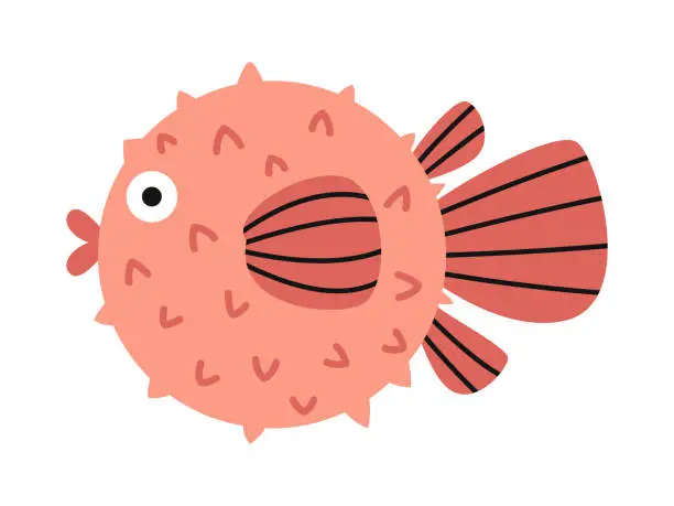 Vector illustration of Vector cute red globefish. Tropical fish in flat design. Marine underwater balloonfish. Blowfish with striped fins.