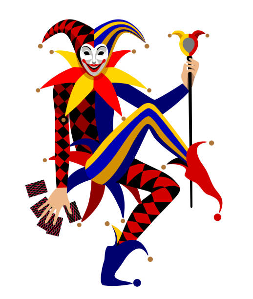 illustrations, cliparts, dessins animés et icônes de joker avec bâton et carte à jouer à la main isolé sur blanc - clown