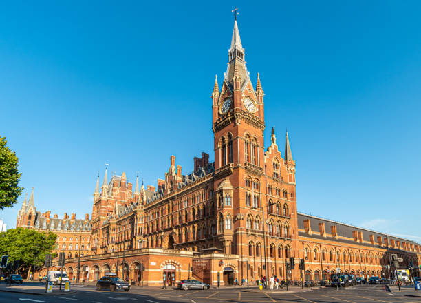 The historic St Pancras station in London with blue sky on a sunny morning