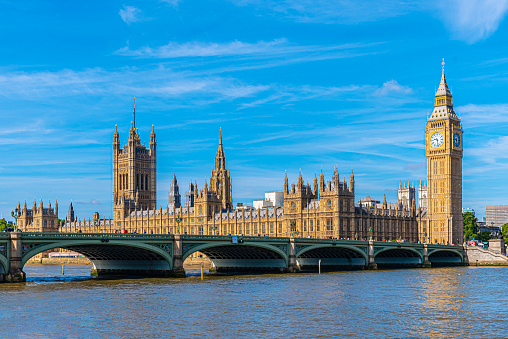 View across the River Thames to the palace of westminster and westminster bridge in london on a sunny morning