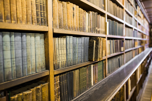 Blue and green cover of vintage books with frame of golden details and bound in leather on the shelf