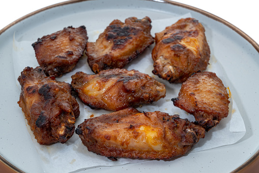 Barbecue chicken wings on a plate - white background