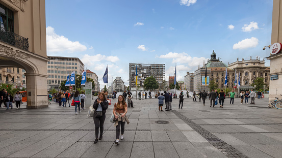 Munich, Germany, September 8, 2022; View of the large and famous Karlsplatz (Stachus) square in the center of Munich.