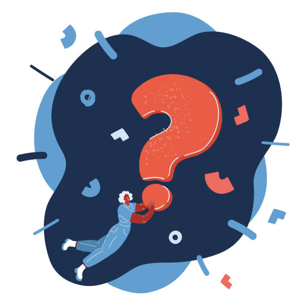 istock Cartoon vector illustration of big Red questions. Woman fly with question mark. 1439546711