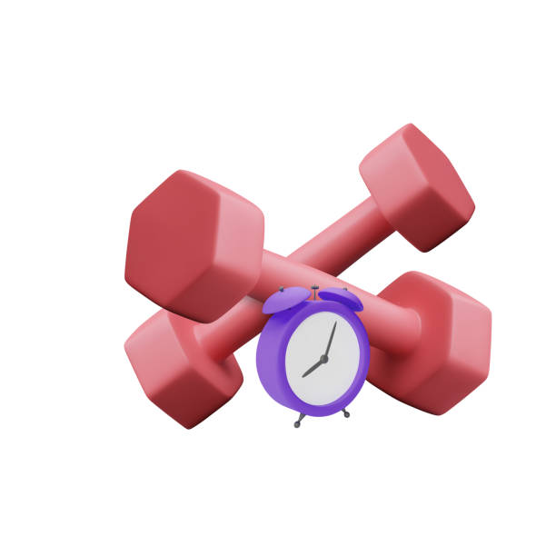 istock 3d realistic dumbbells with alarm clock on isolated white background. Design banner time to change your body. Time to fitness concept. Vector illustration 1439548486