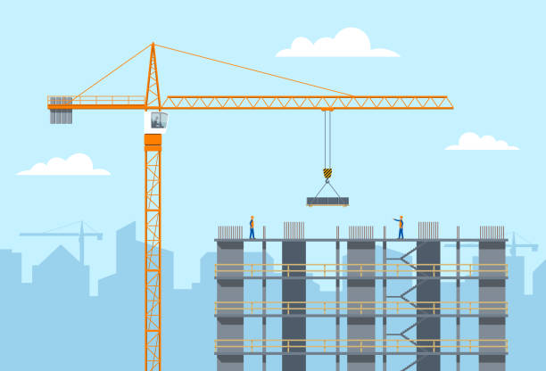 Construction site. Tower crane lifting a load. Building concrete frame vector art illustration