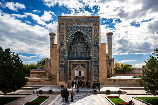 Detail of traditional persian mosaic wall with floral ornament,  Grand Jame Mosque (Masjid-e Jameh Mosque, Friday Mosque) in Yazd, Iran