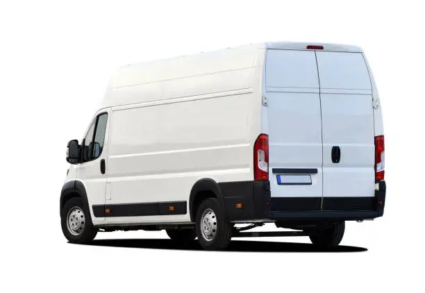 White commercial vehicle isolated on white background.
