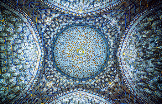 Dome Interior of Ancient Mausoleum Shah-i-Zinda. Ultra Wide Angle Architecture Shot. Samarkand, Silk Road, Uzbekistan, Central Asia.