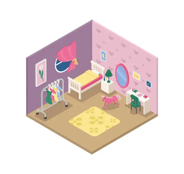 Vector illustration of Children's Room for Girls, Kids Room Isometric