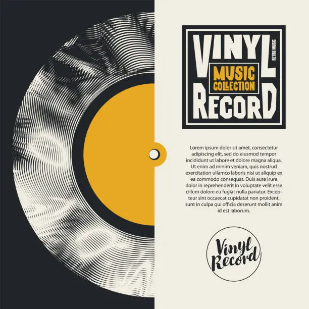 Vector illustration of vinyl record with a cardboard sleeve and a logo