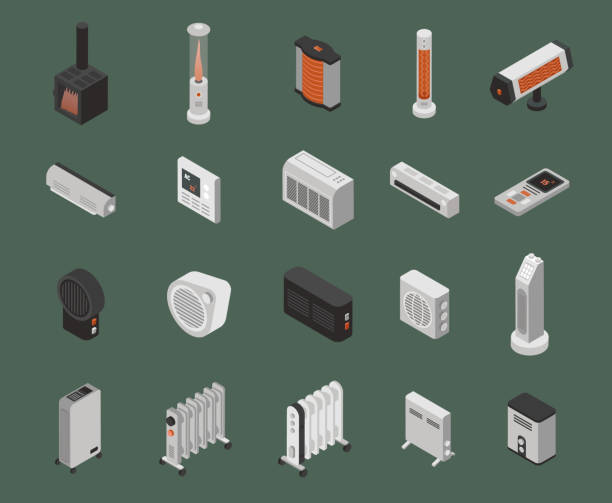 ilustrações de stock, clip art, desenhos animados e ícones de heators heating devices isometric set - thermostat