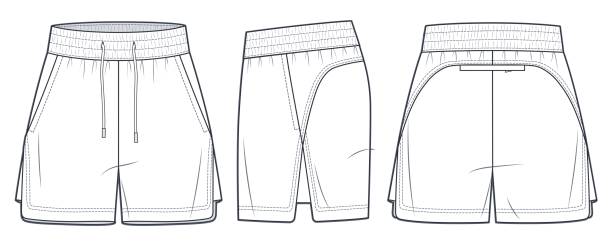 ilustraciones, imágenes clip art, dibujos animados e iconos de stock de ilustración técnica de moda de pantalones cortos deportivos. plantilla de dibujo técnico plana de moda sweat short pants, cintura elástica, abertura lateral, bolsillos, vista frontal, lateral y trasera, blanco, mujeres, hombres, conjunto de maquetas ca - swimming trunks illustrations