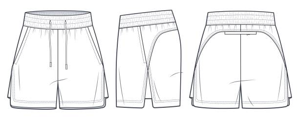 Sport Shorts technical fashion illustration. Sweat Short Pants fashion flat technical drawing template, elastic waist, side slit, pockets, front, side and back view, white, women, men, unisex CAD mockup set. Sport Shorts technical fashion illustration. Sweat Short Pants fashion flat technical drawing template, elastic waist, side slit, pockets, front, side and back view, white, women, men, unisex CAD mockup set. running shorts stock illustrations