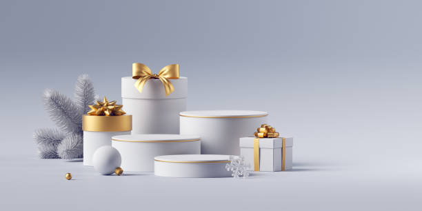 istock 3d render, white and gold minimalist Christmas scene, empty showcase for product presentation. Wrapped gifts, festive ornaments and pedestals isolated on white background. Commercial sale banner 1439557661