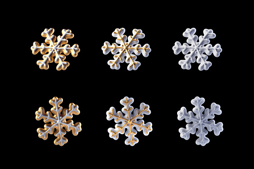 3d render, white and gold Christmas ornaments, set of festive clip art elements isolated on black background. Gingerbread cookies in the shape of a snowflake