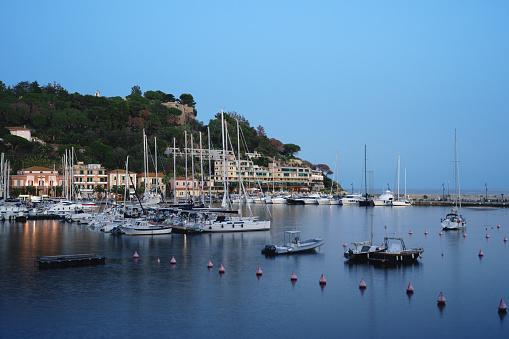 Porto Azzurro, Italy: leisure boats are moored in the Marina of this small village on the island of Elba, Tuscany