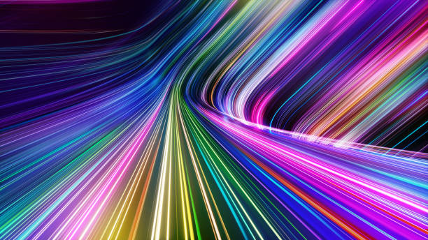 istock 3d render, abstract background with glowing neon curvy lines. Modern wallpaper with colorful spectrum 1439559607