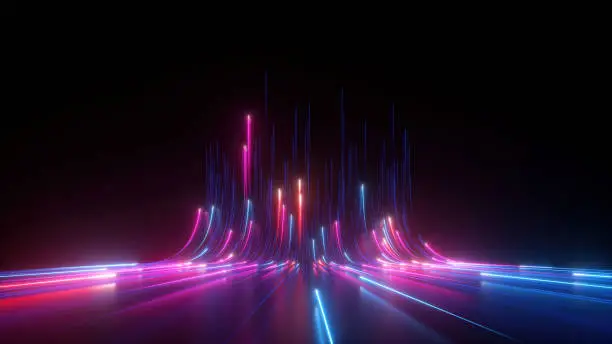 Photo of 3d render, abstract futuristic neon background with glowing ascending lines. Fantastic wallpaper